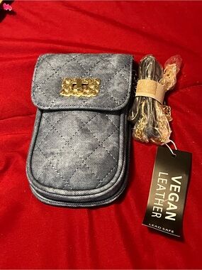 Quilted Denim-Blue Vegan Leather Mini Crossbody Bag with Gold Chain